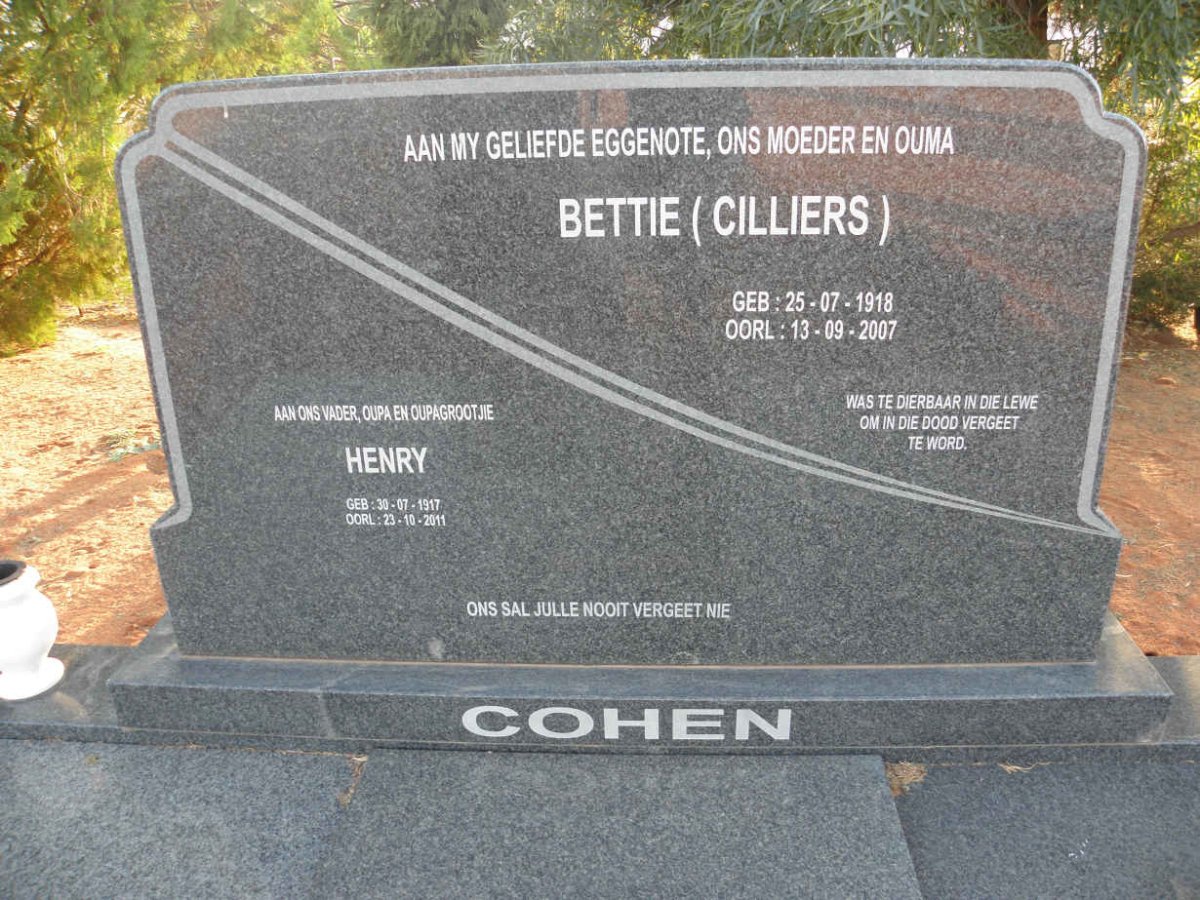 COHEN Henry 1917-2011 &amp; Bettie CILLIERS 1918-2007