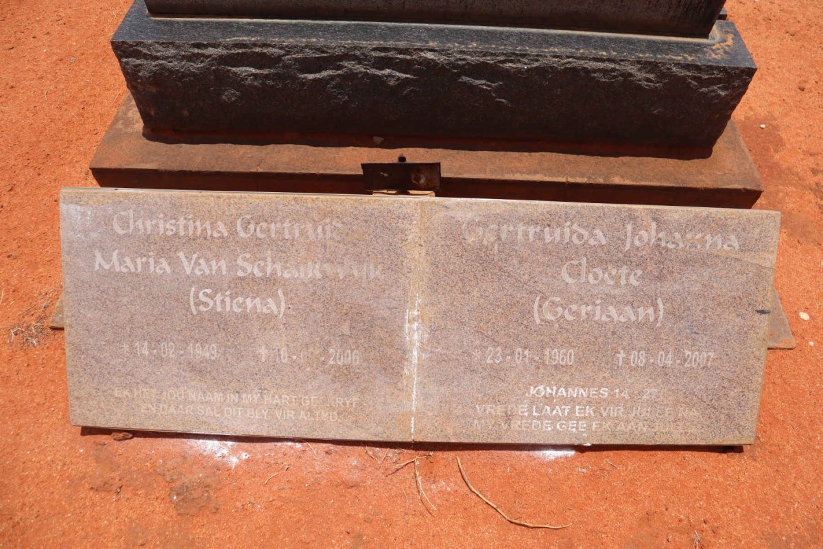 SCHALKWYK Christina Gertruida Maria, van 1949-2006 :: CLOETE Gertruida Johanna 1960-2007