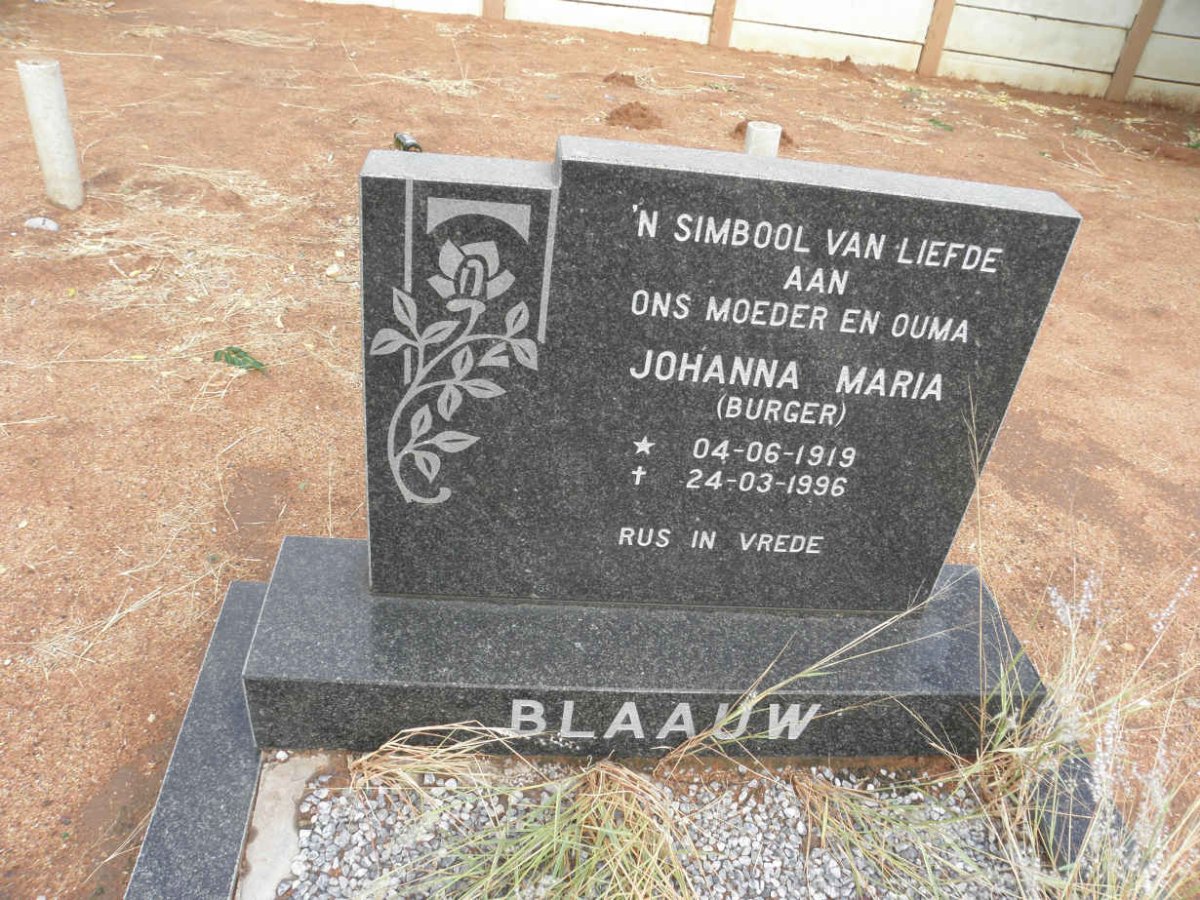 BLAAUW Johanna Maria nee BURGER 1919-1996