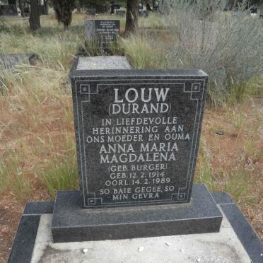 LOUW Anna Maria Magdalena, formerly DURAND, nee BURGER 1914-1989
