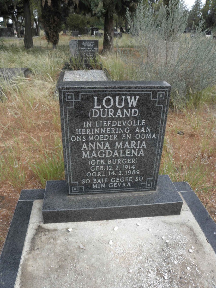 LOUW Anna Maria Magdalena, formerly DURAND, nee BURGER 1914-1989