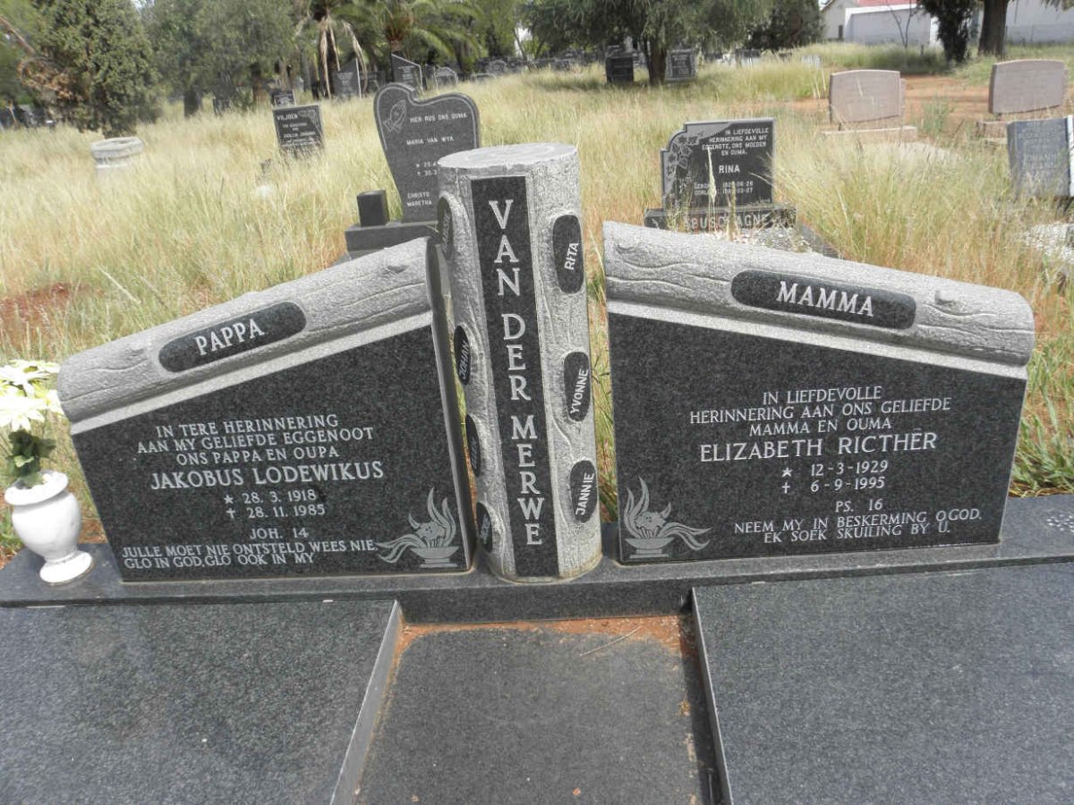 MERWE Jakobus Lodewikus, van der 1918-1985 &amp; Elizabeth Ricther 1929-1995