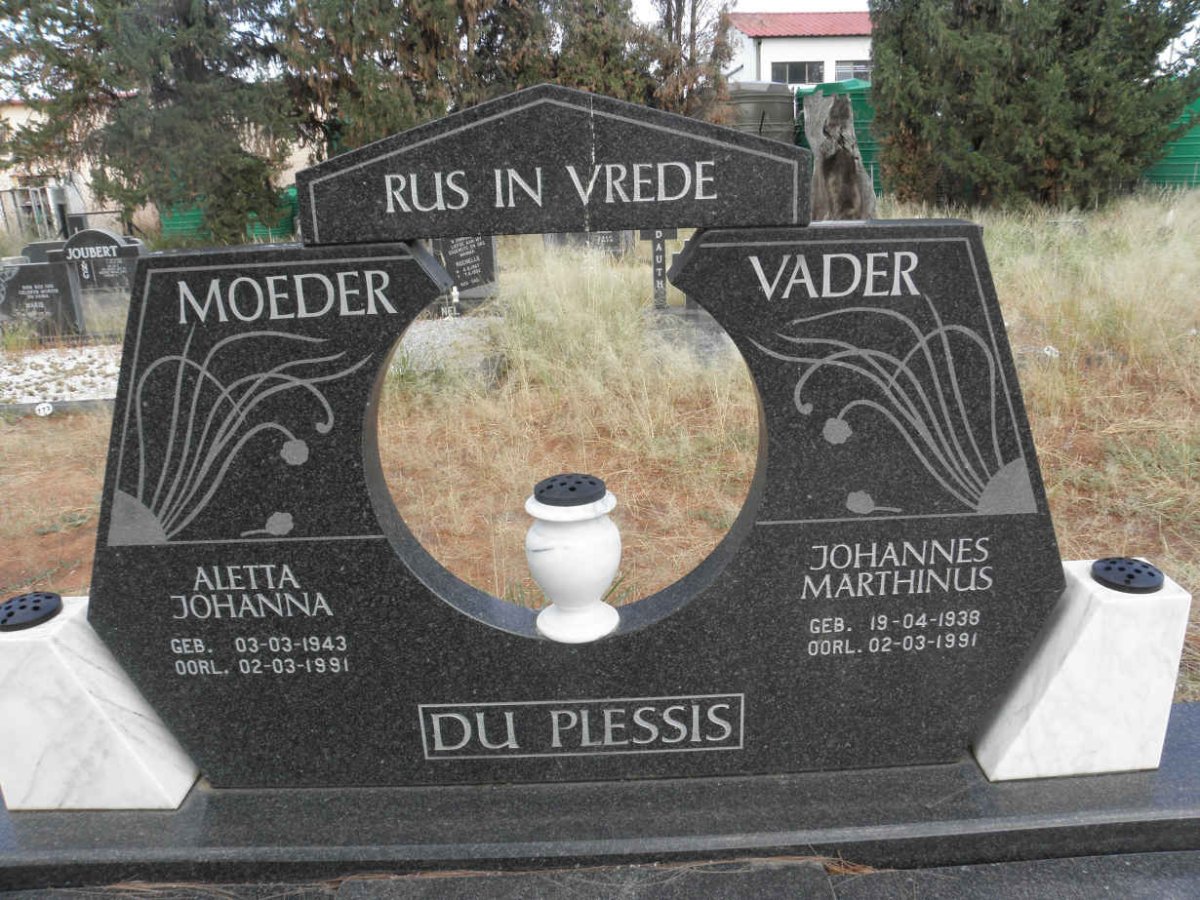 PLESSIS Johannes Marthinus, du 1938-1991 &amp; Aletta Johanna 1943-1991