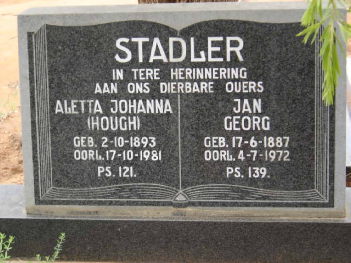 STADLER Jan Georg 1887-1972 &amp; Aletta Johanna HOUGH 1893-1981