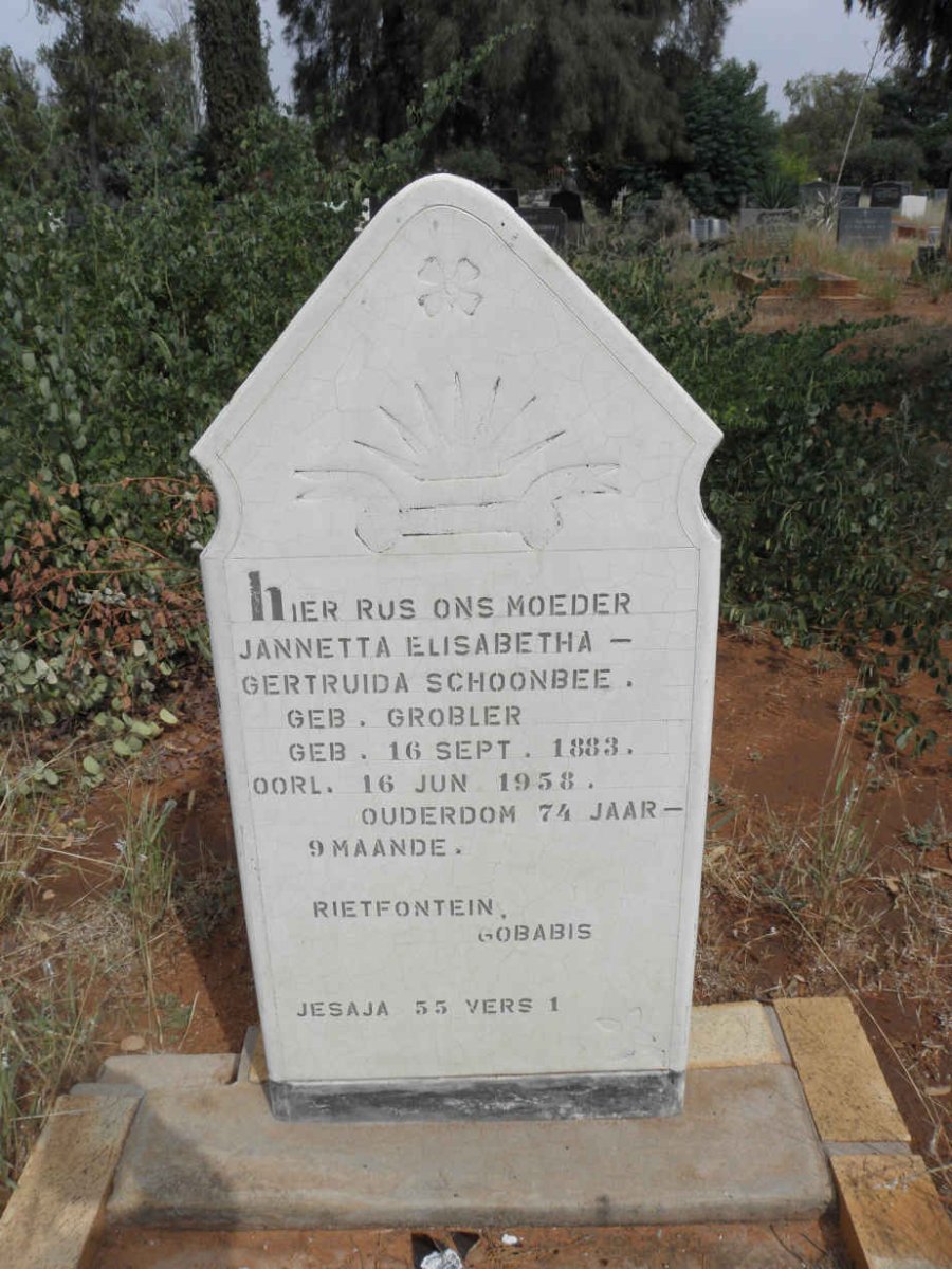 SCHOONBEE Jannetta Elisabetha Gertruida nee GROBLER 1883-1958