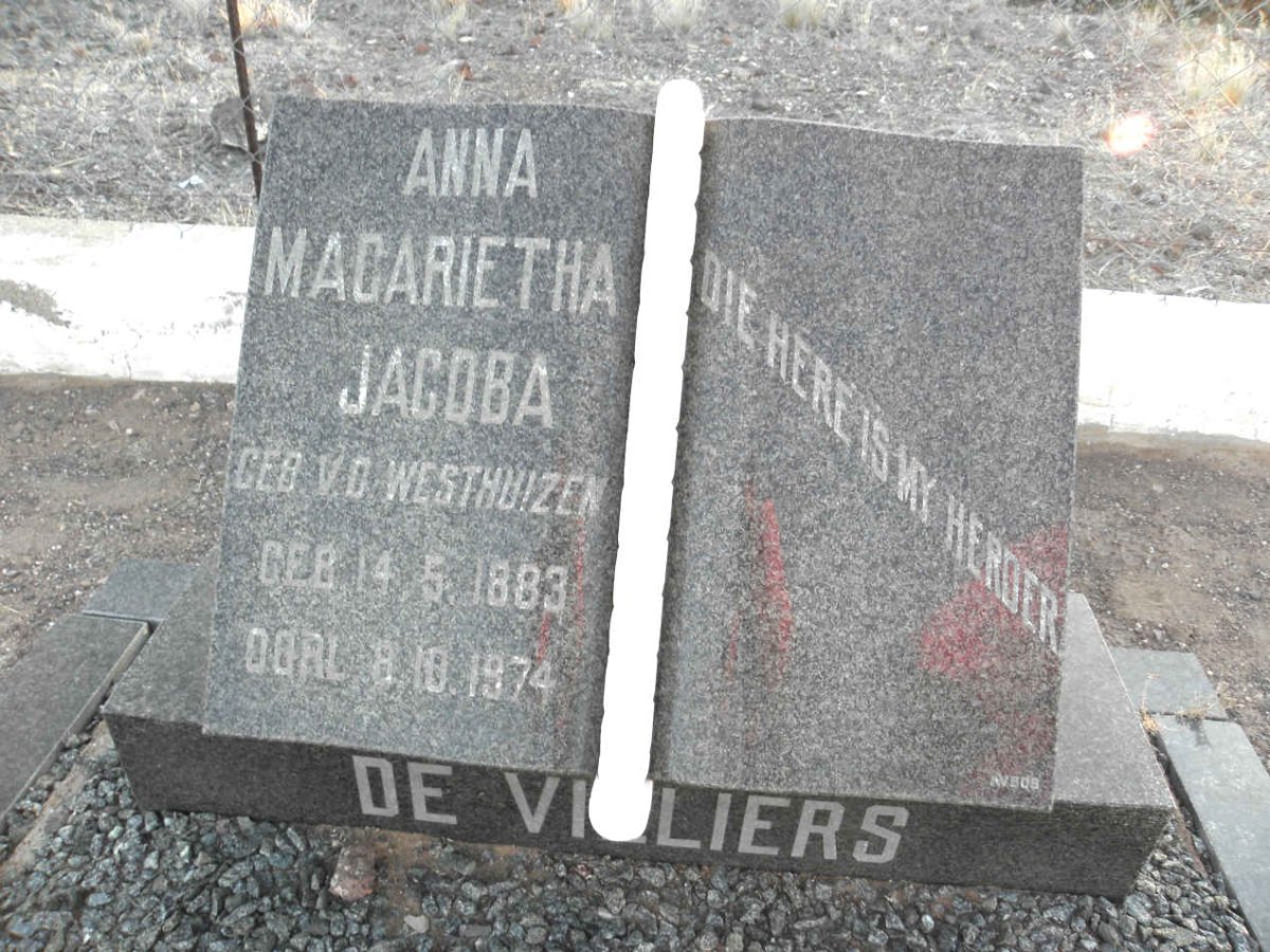 VILLIERS Anna Magarietha Jacoba, de nee V.D. WESTHUIZEN 1883-1974