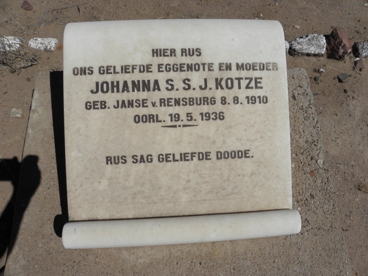 KOTZE Johanna S.S.J. nee JANSE V. RENSBURG 1910-1936