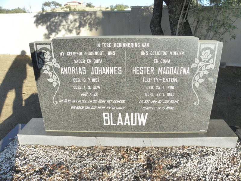 BLAAUW Andrias Johannes 1897-1974 &amp; Hester Magdalena LOFTY-EATON 1906-1980