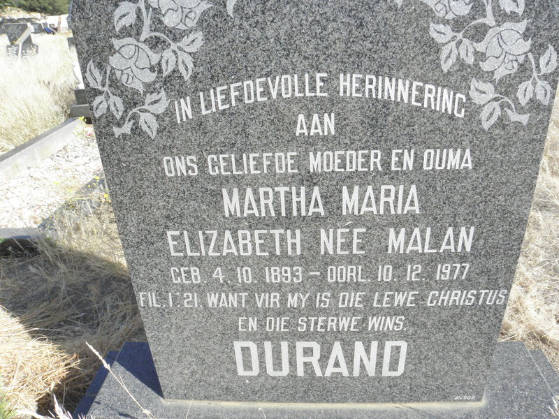 DURAND Martha Maria Elizabeth nee MALAN 1893-1977