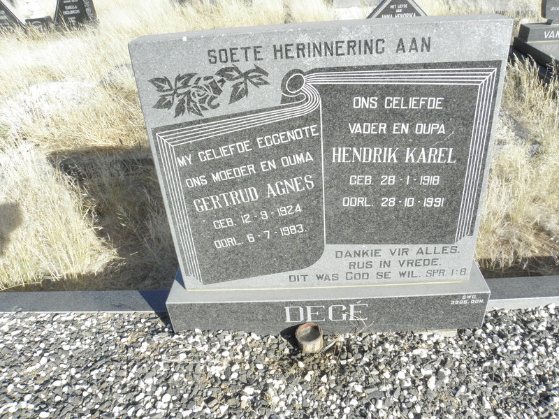 DEGE Hendrik Karel 1918-1991 &amp; Gertrud Agnes 1924-1983