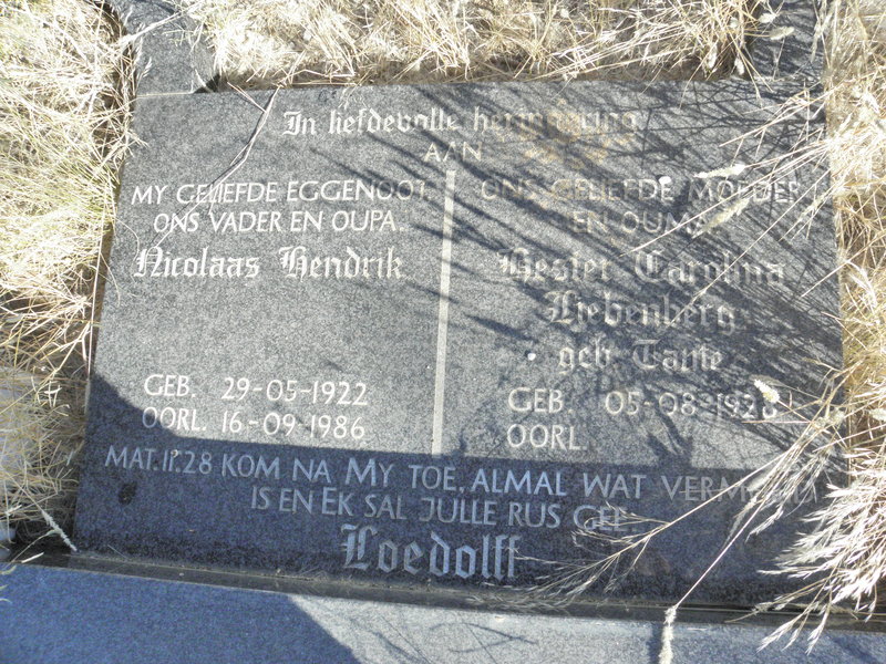 LOEDOLFF Nicolaas Hendrik 1922-1986 &amp; Hester Carolina Liebenberg nee TAUTE 1928-