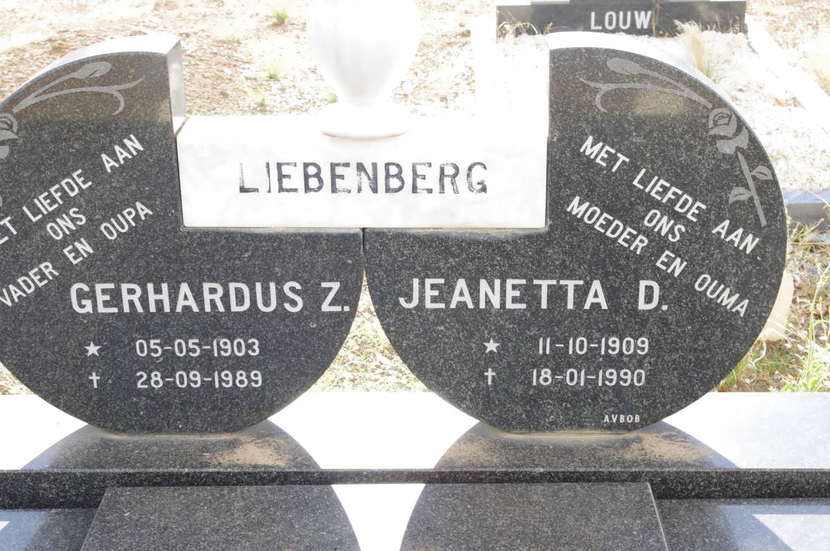 LIEBENBERG Gerhardus Z. 1903-1989 &amp; Jeanetta D. 1909-1990