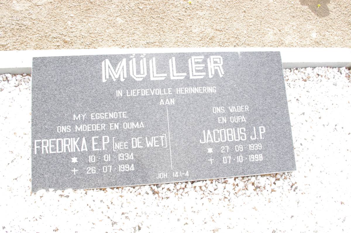 MULLER Jacobus J.P. 1939-1998 &amp; Fredrika E.P. DE WET 1934-1994