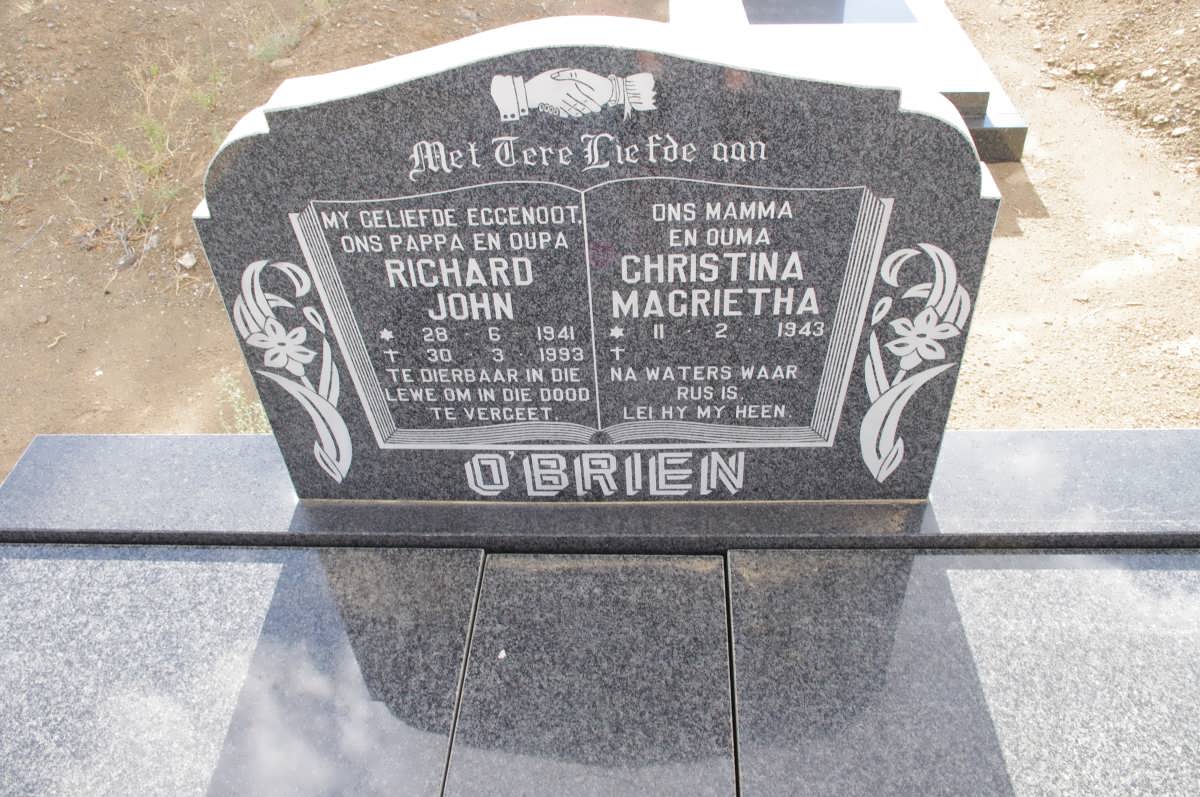O'BRIEN Richard John 1941-1993 &amp; Christina Magrietha 1943-