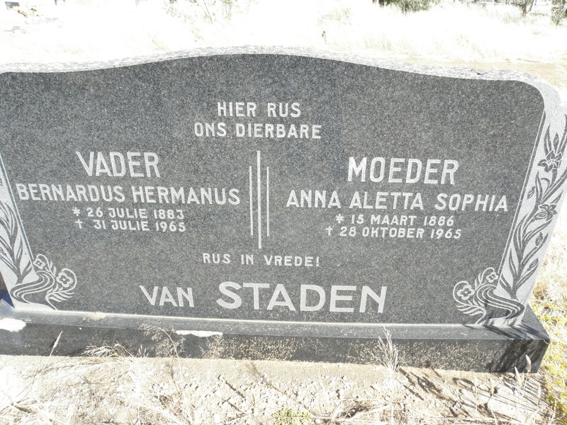 STADEN Bernardus Hermanus, van 1883-1965 &amp; Anna Aletta Sophia 1886-1965
