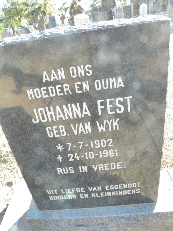 FEST Johanna nee VAN WYK 1902-1961
