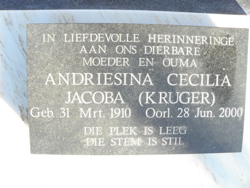 JACOBS Andriesina Cecilia Jacoba geb KRUGER 1910-2000