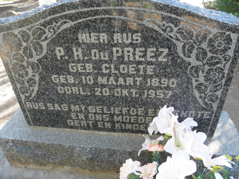 PREEZ P.H., du nee CLOETE 1890-1957