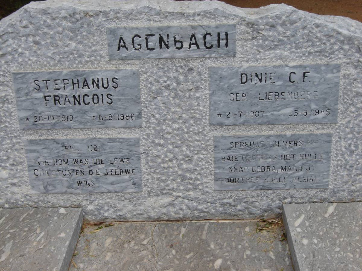 AGENBACH Stephanus Francois 1913-1988 &amp; Dinie C.F. LIEBENBERG 1907-1985