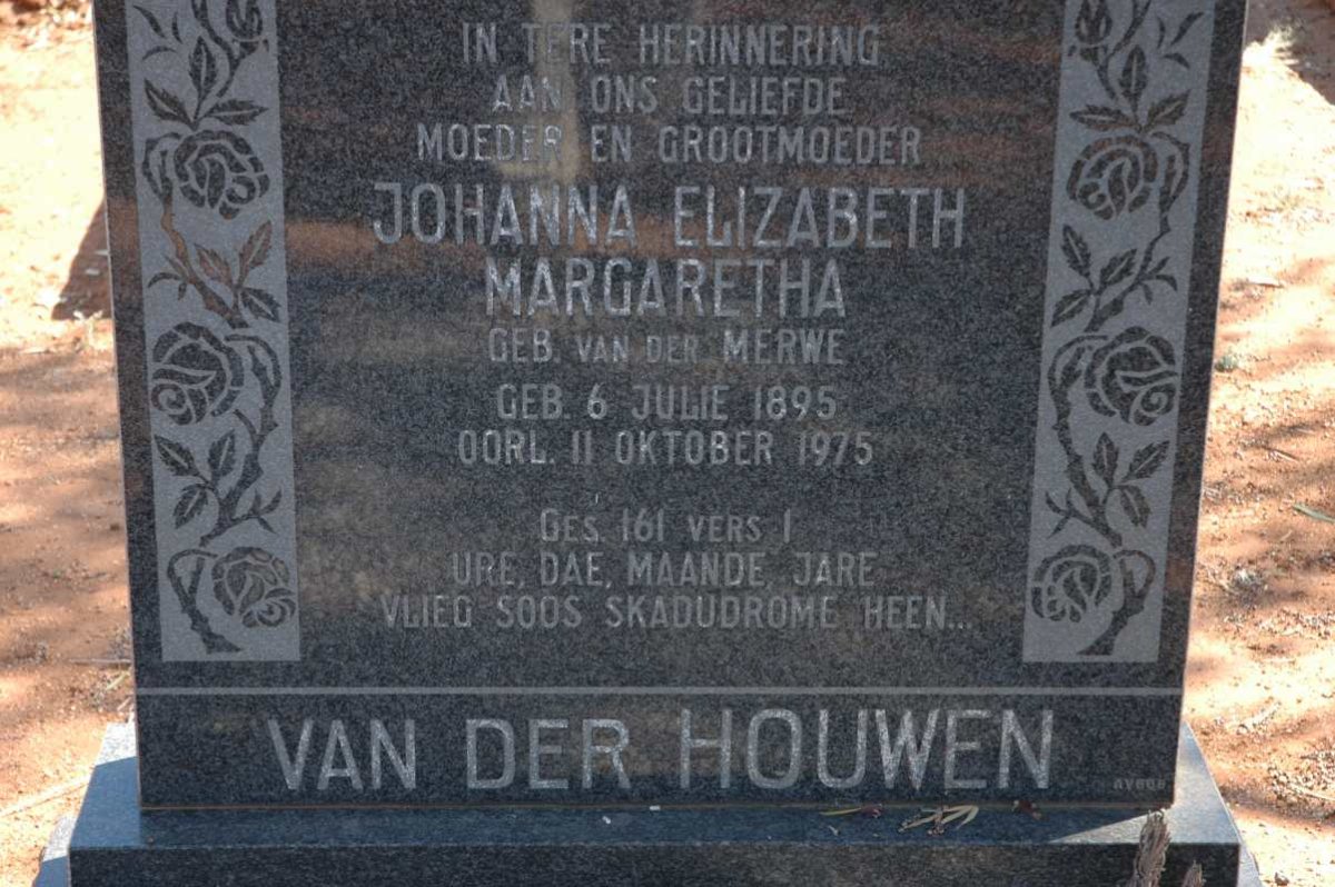 HOUWEN Johanna Elizabeth Margaretha, van der nee VAN DER MERWE 1895-1975