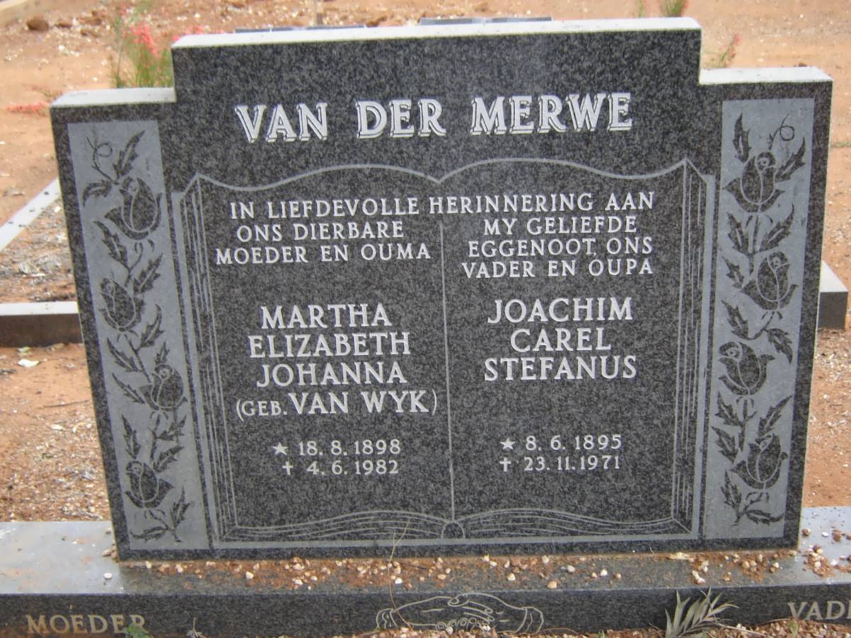 MERWE Joachim Carel Stefanus, van der 1895-1971 &amp; Martha Elizabeth Johanna VAN WYK 1898-1982