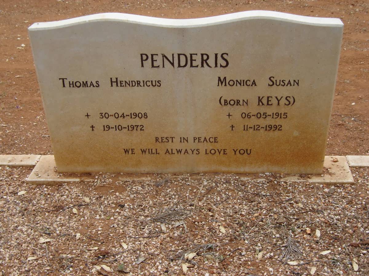 PENDERIS Thomas Hendricus 1908-1972 &amp; Monica Susan KEYS 1915-1992