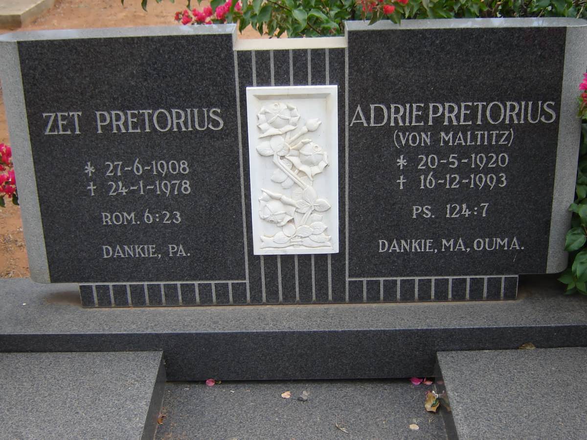 PRETORIUS Zet 1908-1978 &amp; Adrie VON MALTITZ 1920-1993