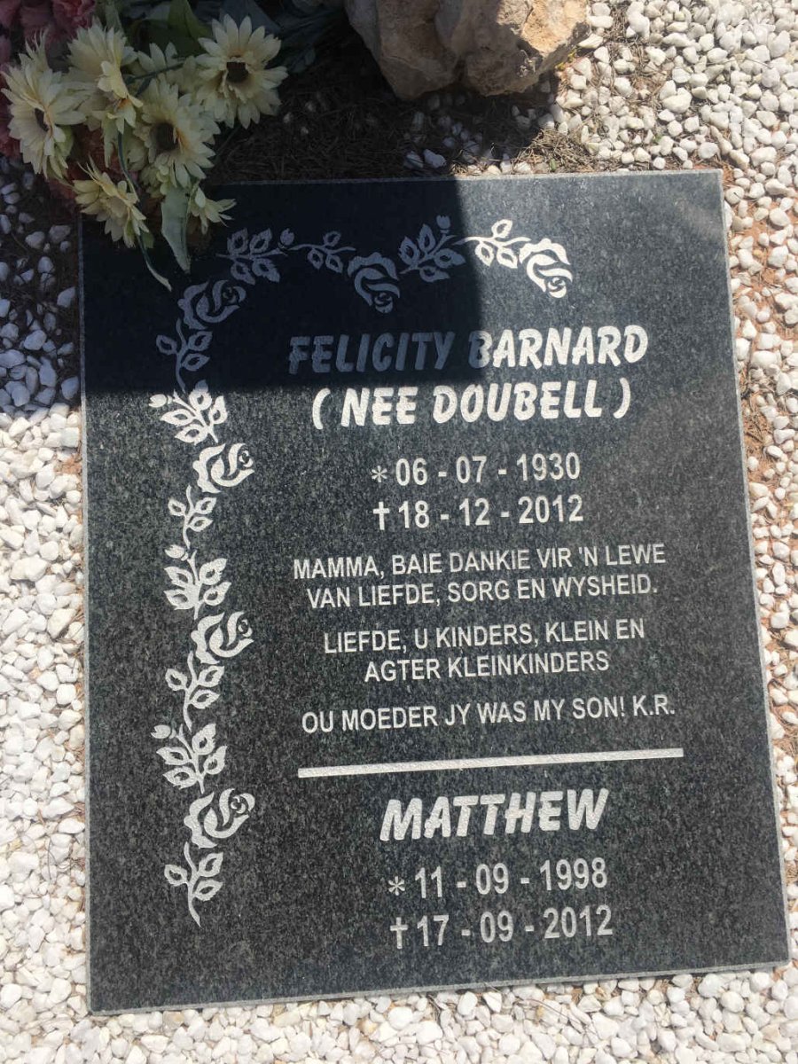 BARNARD Johannes Jacobus Liebenberg 1918-2000 &amp; Felicity DOUBELL 1930-2012 :: BARNARD Matthew 1998-2012
