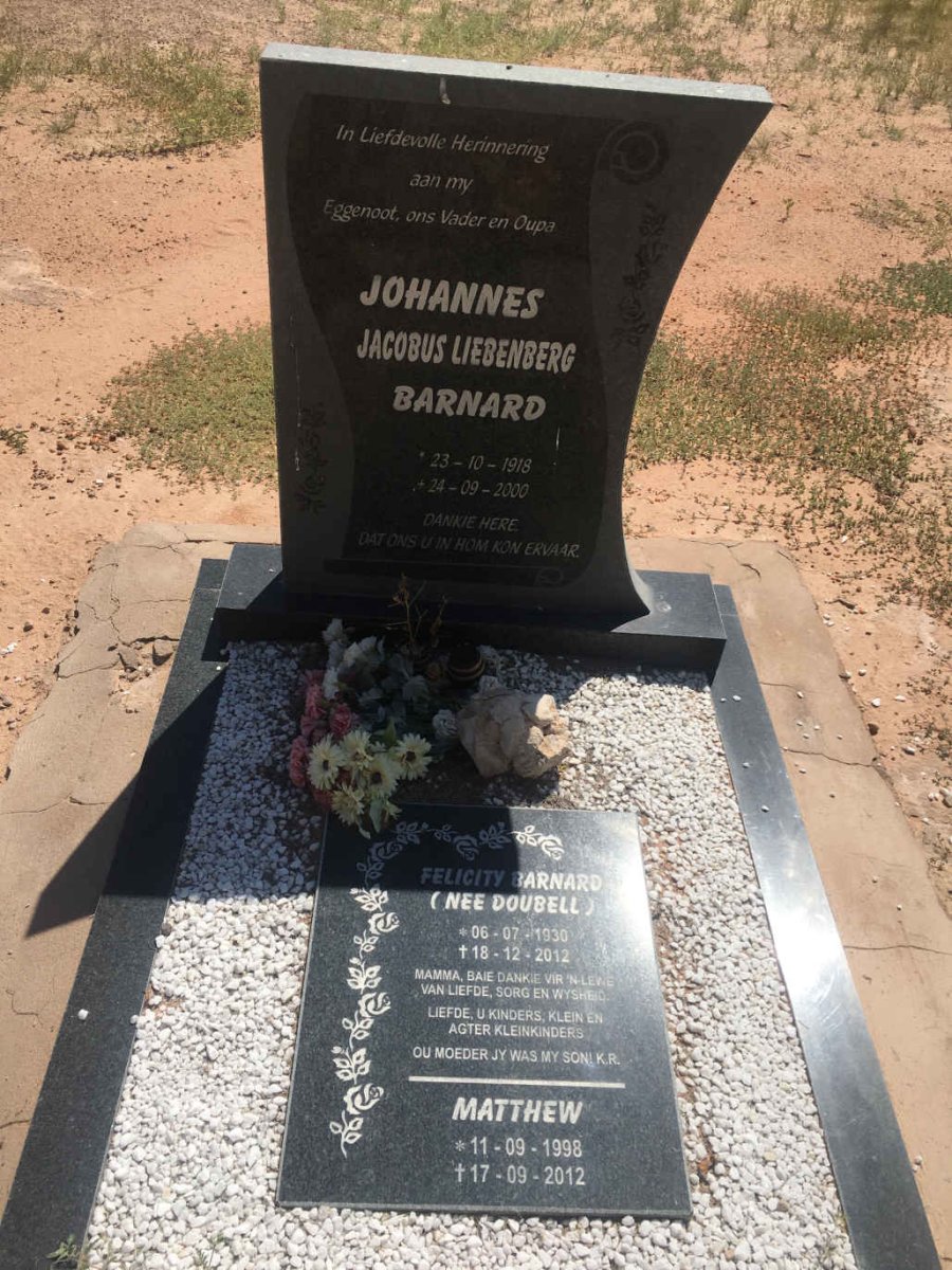 BARNARD Johannes Jacobus Liebenberg 1918-2000 &amp; Felicity DOUBELL 1930-2012 :: BARNARD Matthew 1998-2012