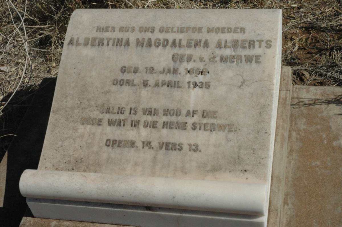 ALBERTS Albertina Magdalena nee V. D. MERWE 1862-1935