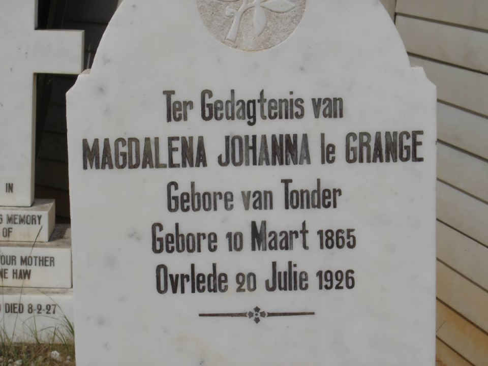 GRANGE Magdalena Johanna, le nee VAN TONDER 1865-1926