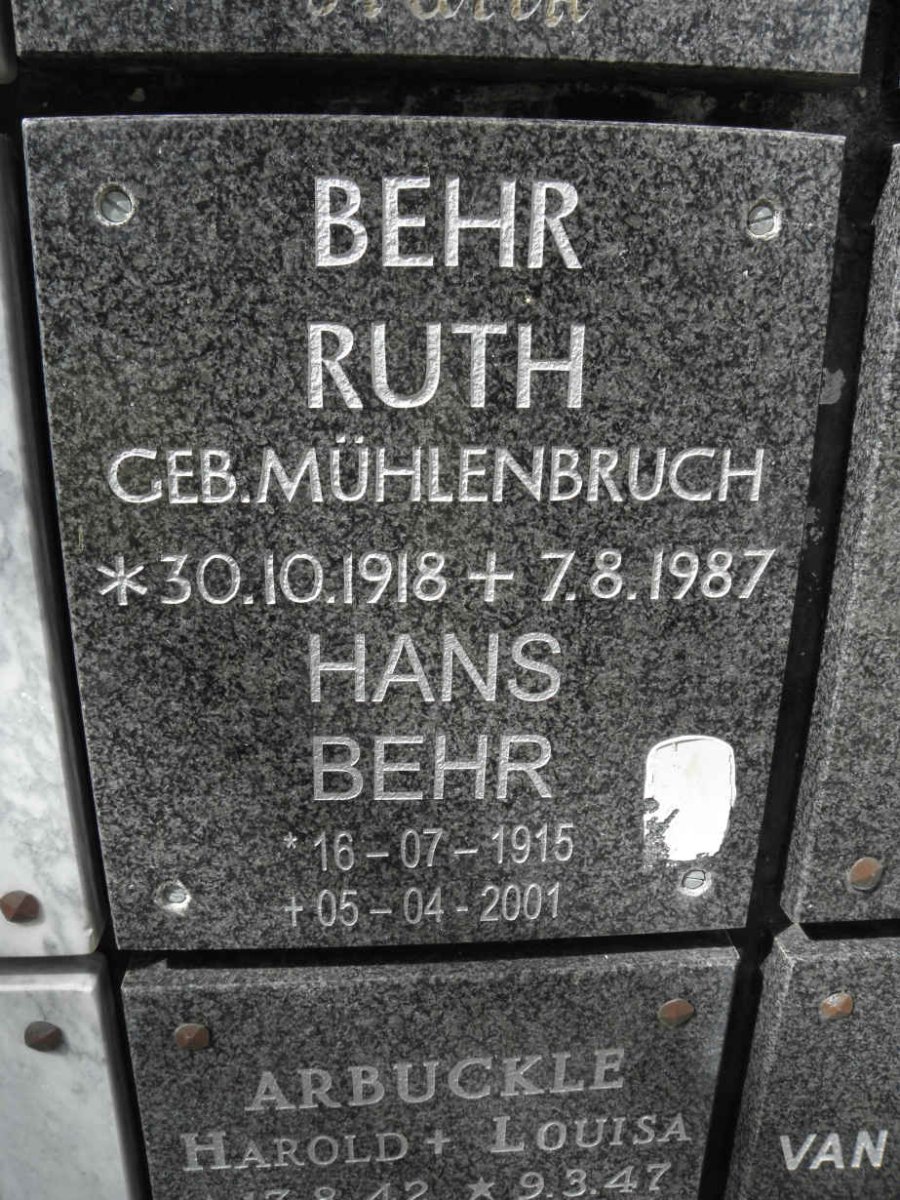 BEHR Hans 1915-2001 &amp; Ruth MUHLENBRUCH 1918-1987