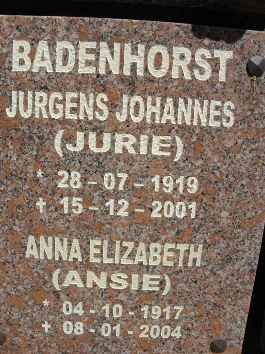 BADENHORST Jurgens Johannes 1919-2001 &amp; Anna Elizabeth 1917-2004 