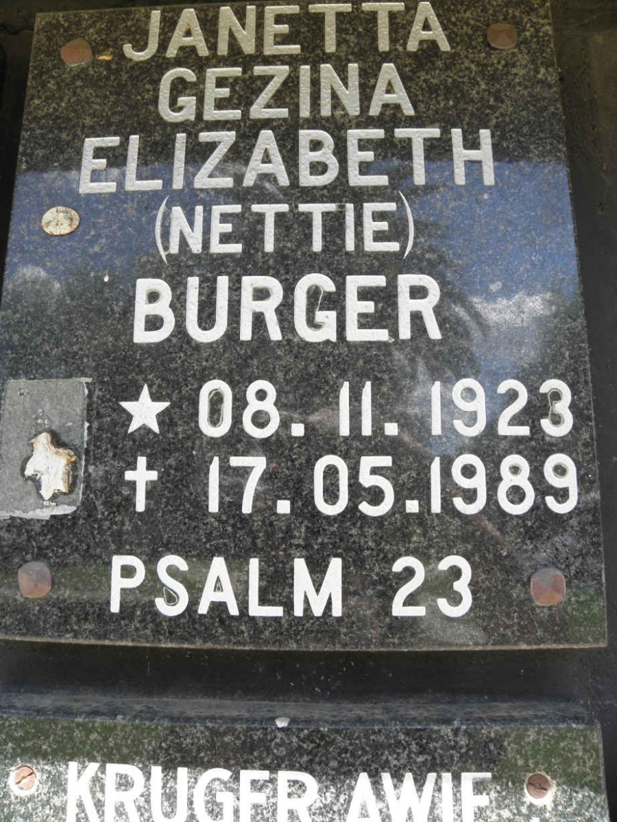 BURGER Janetta Gezina Elizabeth 1923-1989