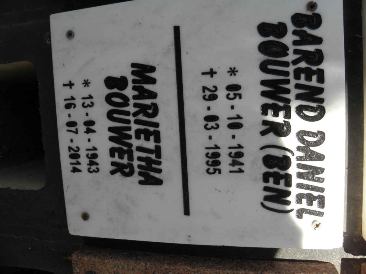 BOUWER Barend Daniel 1941-1995 &amp; Marietha 1943-2014