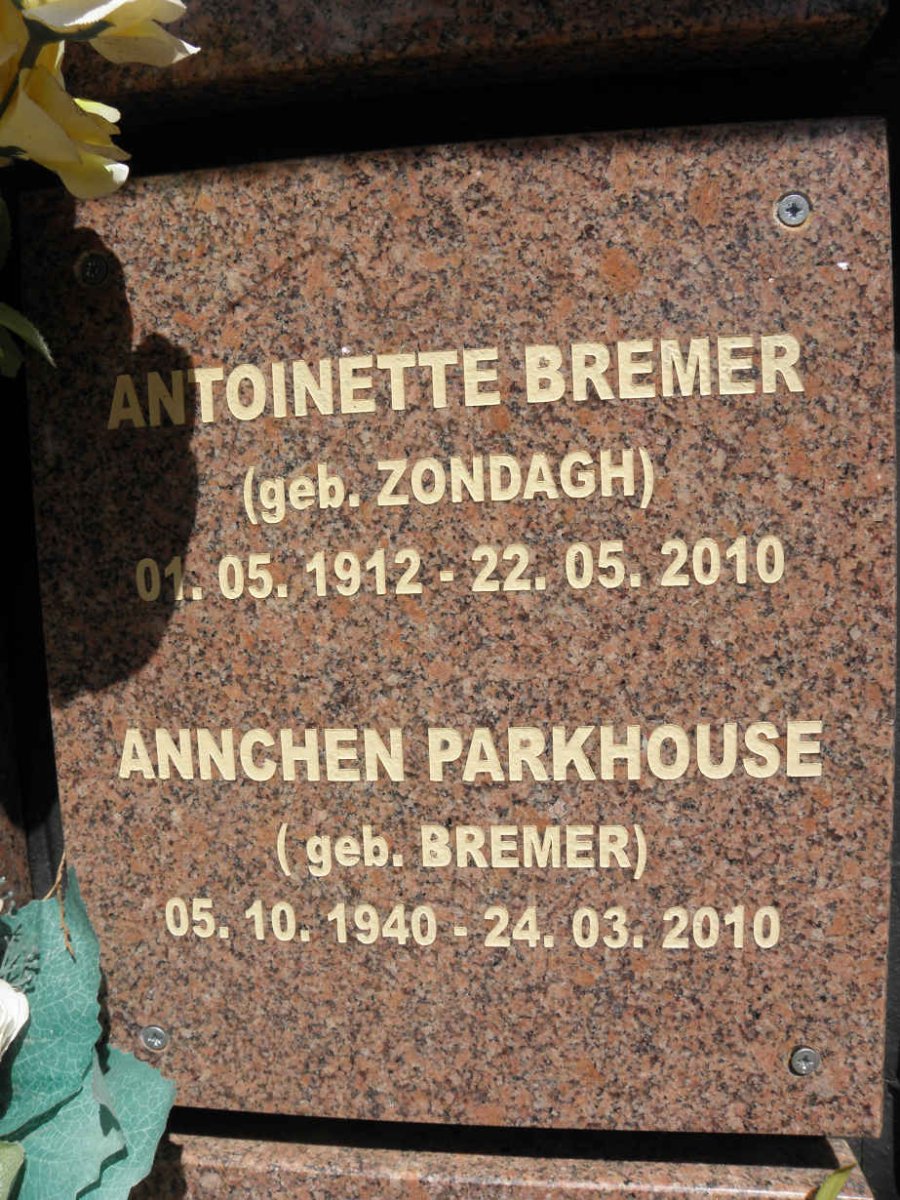 BREMER Antoinette nee ZONDAGH 1912-2010 :: PARKHOUSE Annchen nee BREMER 1940-2010