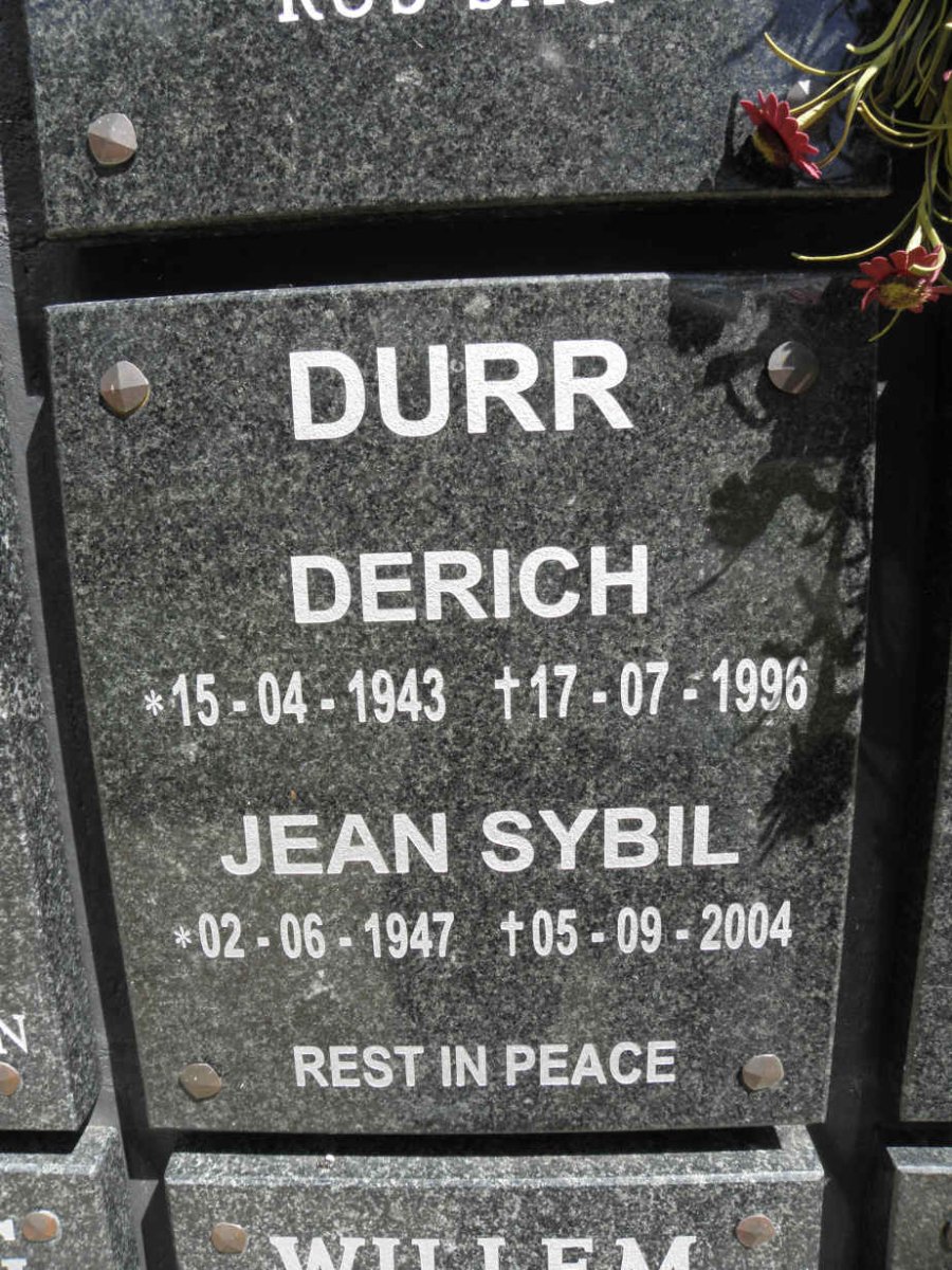 DURR Derich 1943-1996 &amp; Jean Sybil 1947-2004
