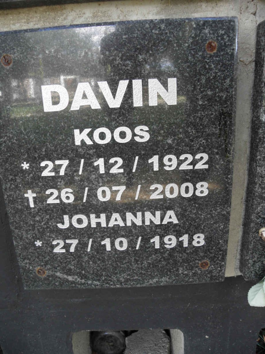 DAVIN Koos 1922-2008 &amp; Johanna 1918-