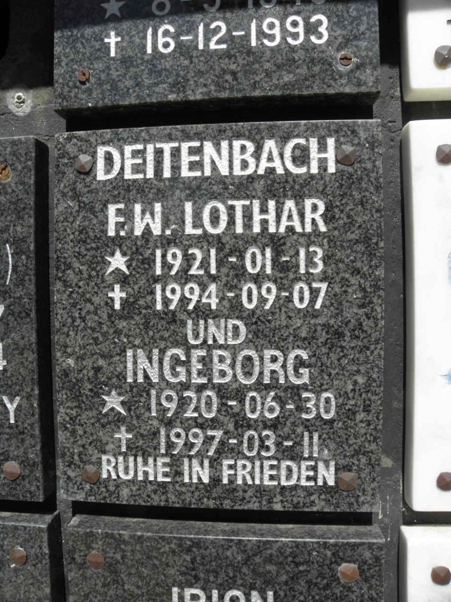 DEITENBACH F.W. Lothar 1921-1994 &amp; Ingeborg 1920-1997