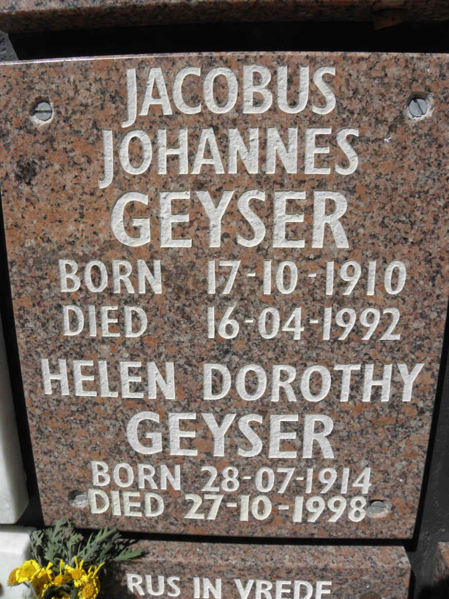 GEYSER Jacobus Johannes 1910-1992 &amp; Helen Dorothy 1914-1998