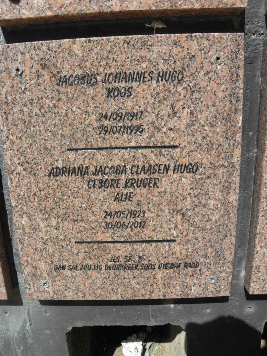 HUGO Jacobus Johannes 1917-1995 &amp; Adriana Jacoba Claasen KRUGER 1923-2012