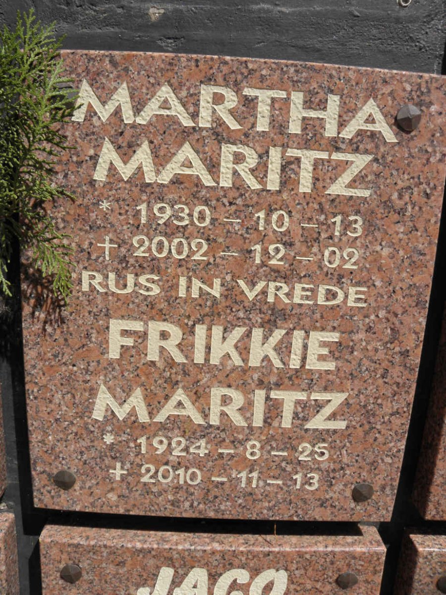 MARITZ Frikkie 1924-2010 &amp; Martha 1930-2002