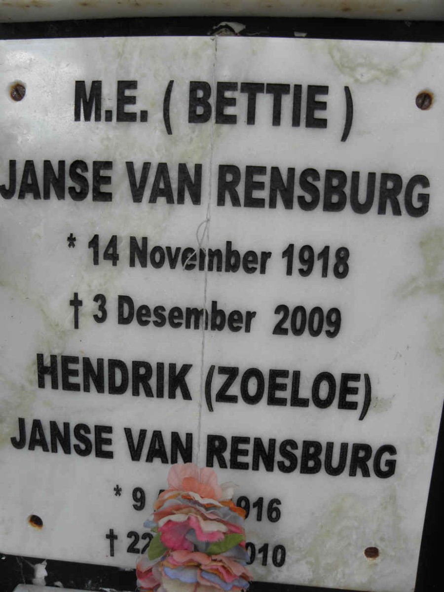 RENSBURG Hendrik, Janse van 1916-2010 &amp; M.E. 1918-2009