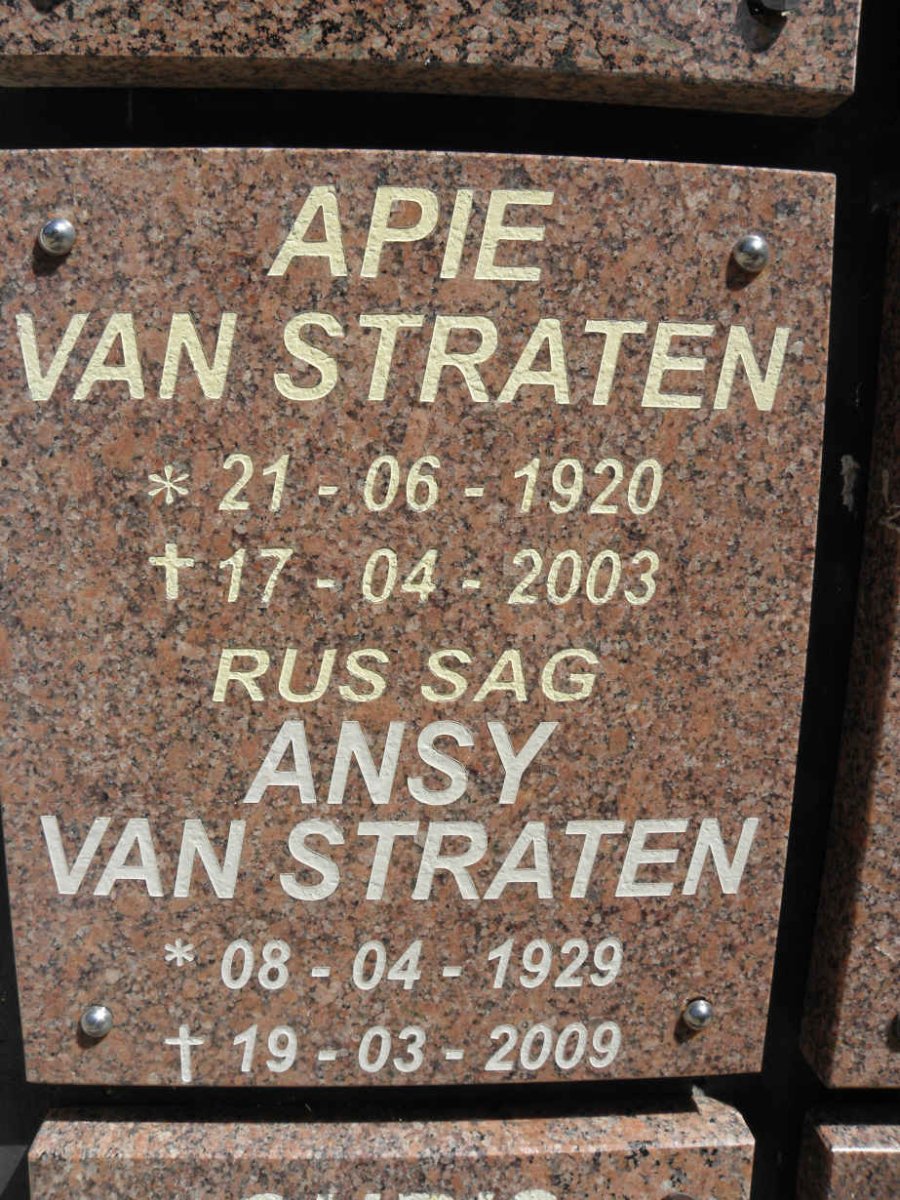 STRATEN Apie, van 1920-2003 &amp; Ansy 1929-2009 