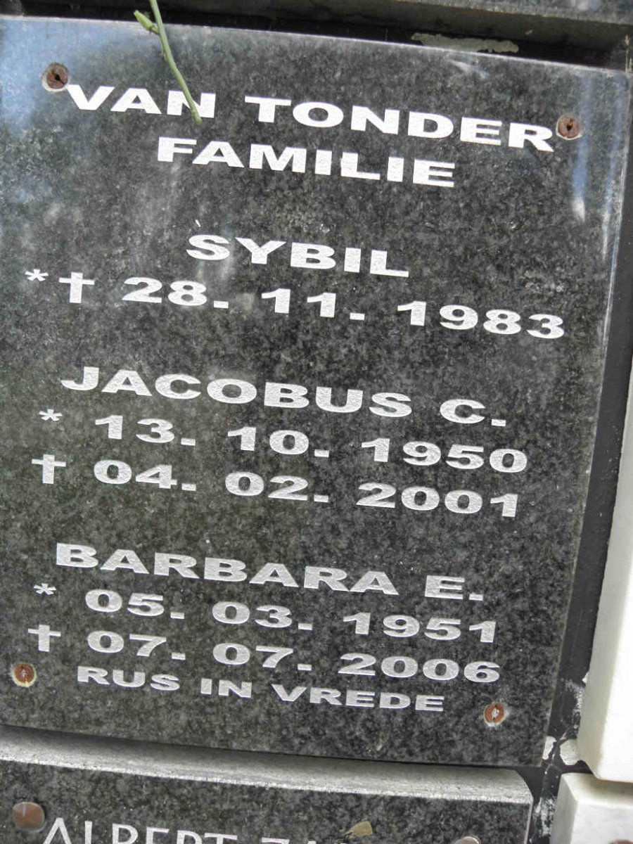 TONDER Jacobus C., van 1950-2001 &amp; Barbara E. 1951-2006 :: VAN TONDER Sybil 1983-1983