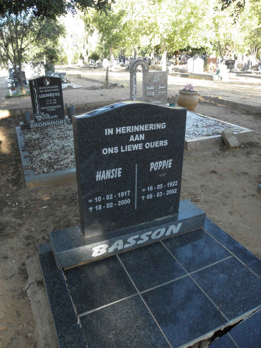 BASSON Hansie 1917-2000 &amp; Poppie 1922-2002