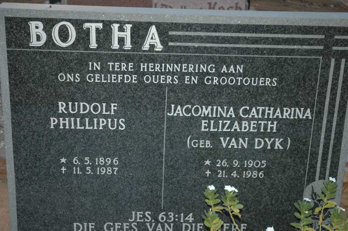 BOTHA Rudolf Phillipus 1896-1987 &amp; Jacomina Catharina Elizabeth VAN DYK 1905-1986