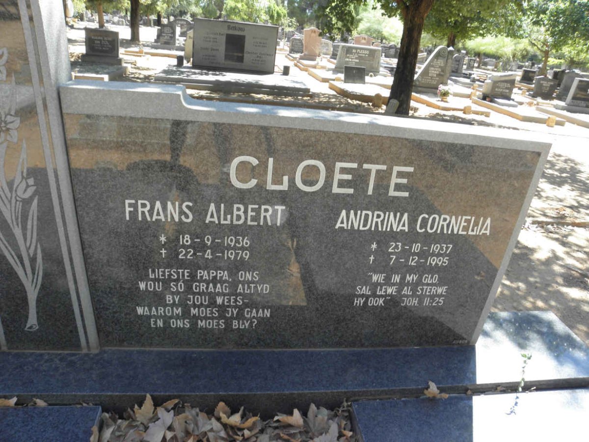 CLOETE Frans Albert 1936-1979 &amp; Andrina Cornelia 1937-1995