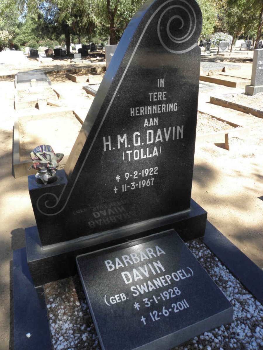 DAVIN H.M.G. 1922-1967 &amp; Barbara SWANEPOEL 1928-2011