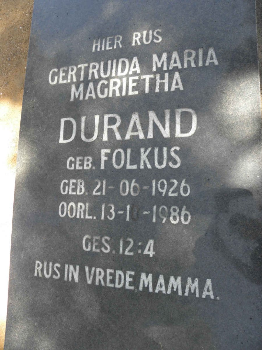 DURAND Gertruida Maria Magrietha nee FOLKUS 1926-1986